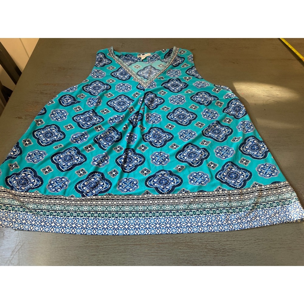 Christopher & Banks Womens 2X Teal Blue Medallion Beaded V-Neck Tank Top Tunic